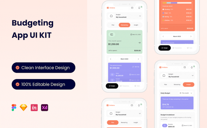 预算移动应用 App UI Kit (FIG,SKETCH,XD)