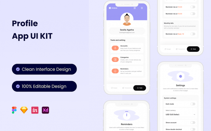 个人中心移动应用APP UI KIT (FIG,SKETCH,XD)